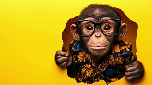 Chimpanzee wearing glasses and hawaiian shirt posing playfully against yellow background