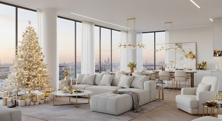 Modern living room with white christmas tree and city view