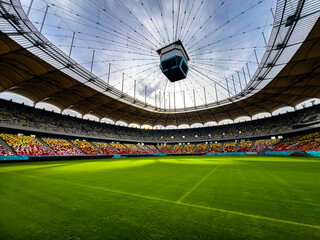 Massive Soccer Stadium Filled. Wide view of empty stadium. Green grass on a sport Arena. Empty Football Soccer Stadium Tribune. National arena with empty seats. Sport event on National Arena. 