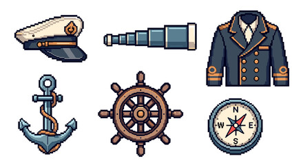 Collection of pixel art icons featuring nautical and maritime captain's equipment, including a hat, uniform, anchor, ship's wheel, compass, and spyglass