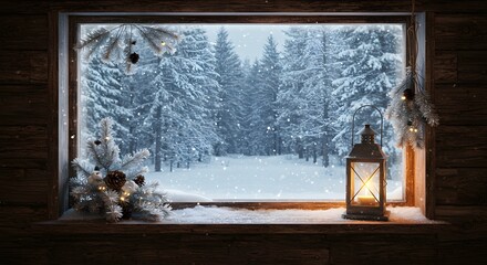 Snowy forest view from a window with christmas decor