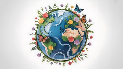 Illustration of earth globe surrounded by flowers and butterflies, symbolizing environmental protection and ecological awareness