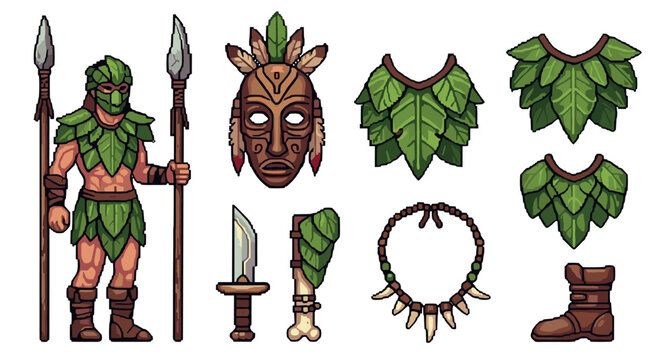 Pixel art asset pack for a video game featuring a jungle warrior character with leaf armor, a tribal mask, spears, and other primitive equipment