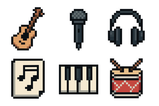 Pixelated graphic set of various music and sound elements like a guitar, microphone, headphones, piano, drum, and musical notes in a nostalgic retro video game style