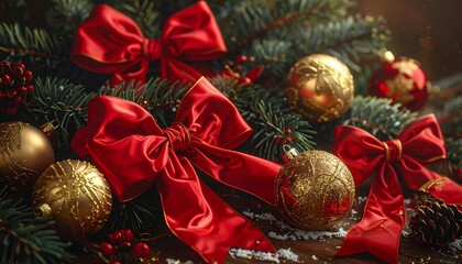 Red Satin Bows and Metallic Gold Baubles with Pine Branches in Soft Winter Glow