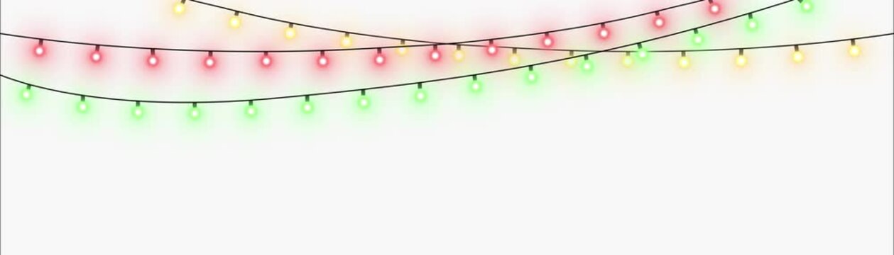 Glowing holiday lights garland with multicolored bulbs. Vector Christmas decoration isolated on transparent background for festive design, New Year celebration, color light line animation. 4k video