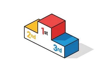 Isometric illustration of a victory podium with first second and third place winners spots in red yellow and blue