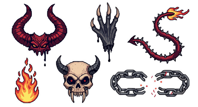 Collection of pixel art icons featuring demonic fantasy elements like a horned skull, monster claw, flaming tail, and broken chains