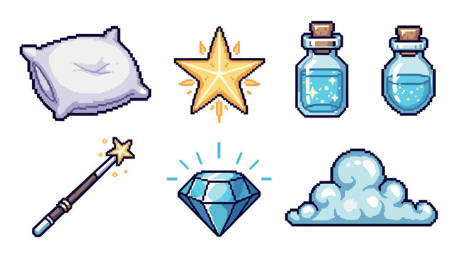 Charming collection of fantasy and sleep-themed pixel art assets, including a pillow, star, magic potion, wand, diamond, and cloud, rendered in a retro video game style