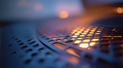 Abstract close-up of a perforated metal surface illuminated by warm golden light, creating a captivating visual experience.