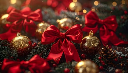 Red Satin Bows and Metallic Gold Baubles with Pine Branches in Soft Winter Glow