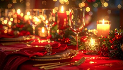 Holiday Table Setting with Red Linens, Gold Cutlery, and Shimmering Candlelight
