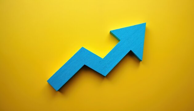 Blue wooden arrow points upwards on yellow surface. Symbol represents market business growth. Sign indicates direction to success. Arrow progress positive trend with increasing value. Upward movement