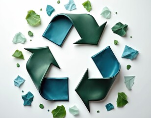 Metallic green recycling symbol surrounded by crumpled paper pieces. Illustration of reuse, renewable material cycle. Eco friendly approach to waste. Sustainable consumption for clean green planet