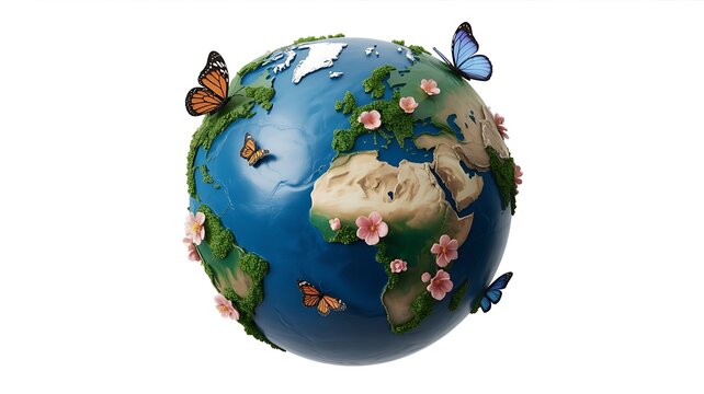 A decorative globe adorned with butterflies and flowers, symbolizing earth day isolated on white background