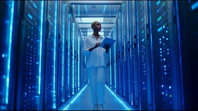 African American female data center technician inspecting a row of servers for faults in the