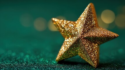 Gold star ornament on frosted glass emerald background