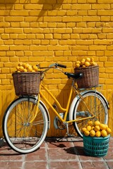 Bright Yellow Bicycle Decorated With Orange Baskets Against a Vibrant Brick Wall
