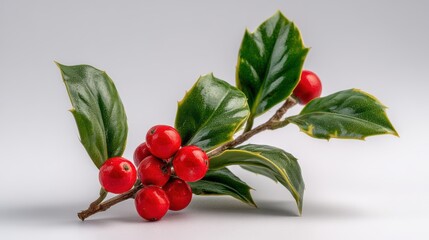 Holly stem with red berries against clean white background texture