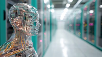 Glass server with circuitry inside, tech beverage display in data center aisle