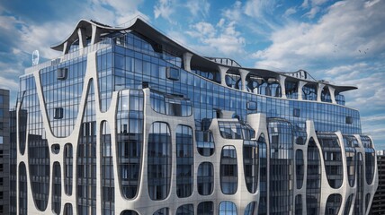 Hyperrealistic architectural render of curved modern skyscraper against blue sky