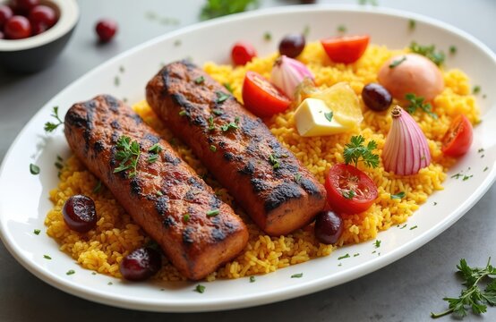 Two grilled chelo kebab skewers sit on yellow rice pilaf. Garnishes include cherry tomatoes, red onion wedges, olives, and parsley. Served on a white oval plate, ready for a delicious meal.