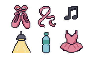 Set of pixel art icons for a ballet or dance theme, featuring pointe shoes, a tutu, a musical note, and a spotlight in a retro 8-bit video game style