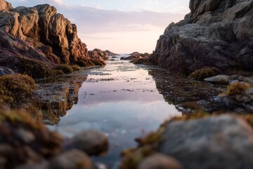 Rocky coastline with tide pools reflecting the sky at dusk creating a serene landscape view