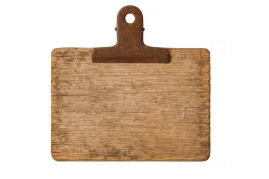 Vintage real wood clipboard with rustic metal clip on transparent background for message or menu concept
