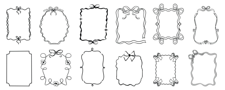 A collection of hand-drawn decorative ribbon frames featuring cute, elegant, and vintage-style borders. Perfect for invitations, greeting cards, scrapbooking, posters, planners, bullet journals.