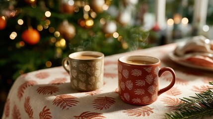 Botanical table runner with terracotta tea mugs and herbal drink setup