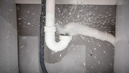 Water pipe bursting and spraying water causing a plumbing emergency