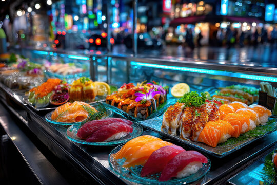 Fresh Sushi Display at a Busy Night Market