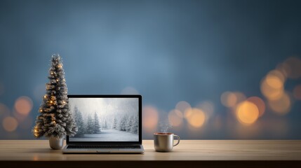 Business meeting at office with laptop, desk, Christmas tree, mug