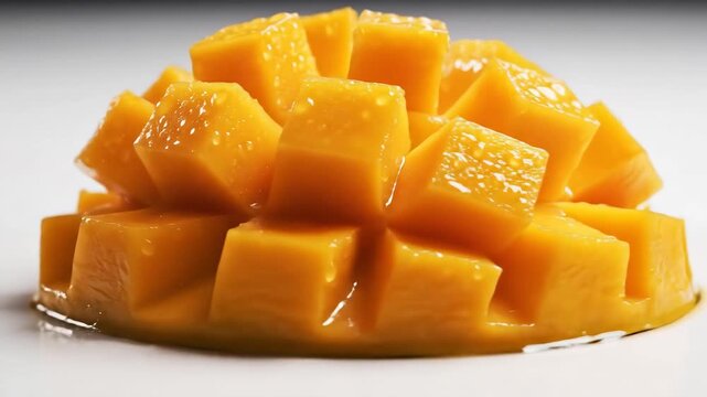 Freshly Cut Mango Cubes on a White Surface.