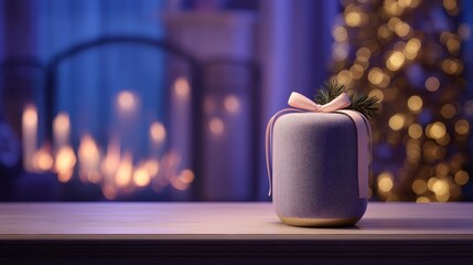 Smart speaker with ribbon gift on mantel near digital fireplace