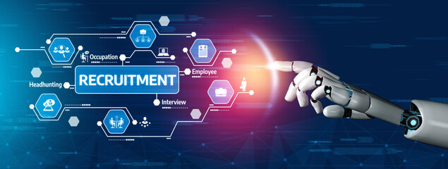 Captivating futuristic concept showcasing a robotic hand reaching towards digital icons representing recruitment and employment. Explore modern hiring methods. Tessel