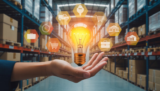 Hand holds glowing lightbulb over warehouse shelves filled with boxes. Icons show logistics, delivery, planning, ideas. Innovative supply chain solution concept. 