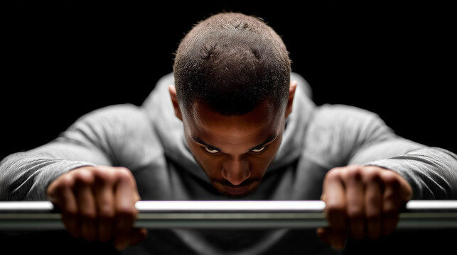 Man doing dips on parallel bars, triceps engagement, minimalist black and steel colorway, with copy space - Powered by Adobe