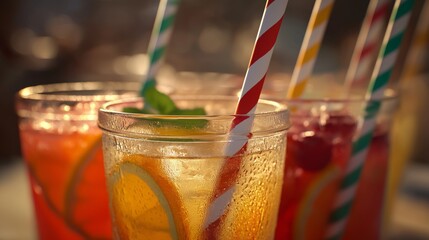 Bright summer drinks with colorful straws in glasses on a sunny day