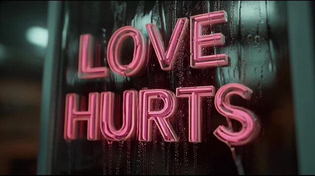 Heartbreak Illuminated: Neon 'Love Hurts' Sign on Rainy Window Reflecting Emotional Pain