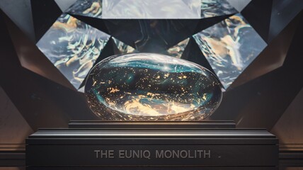 Photorealistic close-up of The Euniq Monolith gem on futuristic display