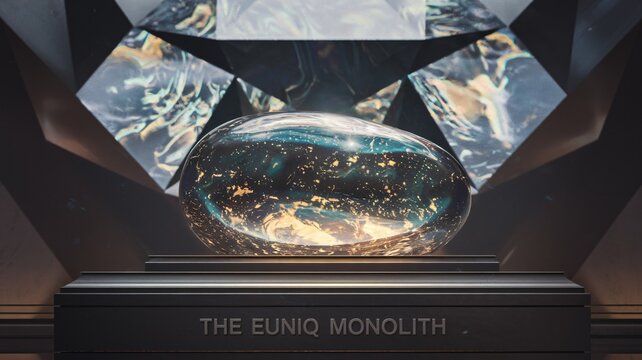Photorealistic close-up of The Euniq Monolith gem on futuristic display