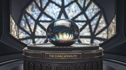 Photorealistic Euniq Monolith sphere on luxurious pedestal with stained glass