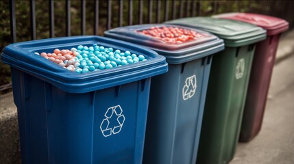 Recycling bins lined up in a city park showcasing colorful waste separation efforts