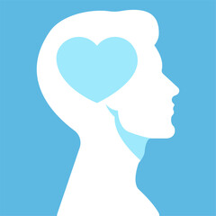 Male head white silhouette with blue heart shape inside.  Love feelings affection emotion concept.  Clean, minimalist vector style. Light blue and white color palette.