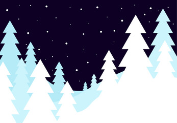 Winter forest of stylized pine trees on dark navy night sky Winter forest with stylized pine trees on dark navy night sky with falling snow. Cool blues, whites, and navy. Minimalist, geometric style. 