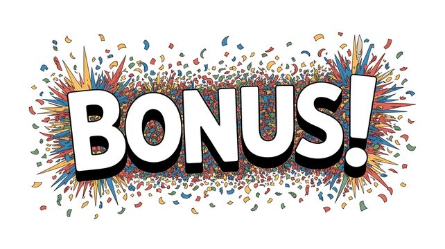 Bonus text with colorful confetti explosion isolated on white background, offering an extra incentive or reward for customers