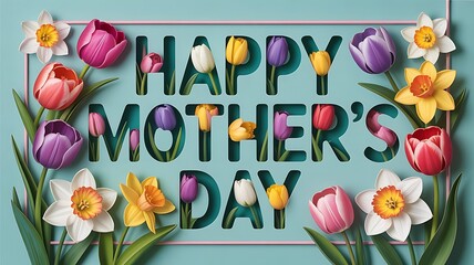 Happy mothers day floral card with tulips and daffodils, a heartfelt greeting for mom with a beautiful flower arrangement