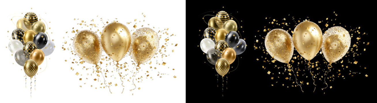 PNG image of&nbsp;Festive gold and black balloons with confetti create a celebratory atmosphere perfect for birthdays anniversaries or new year's eve parties and special events on transparent background